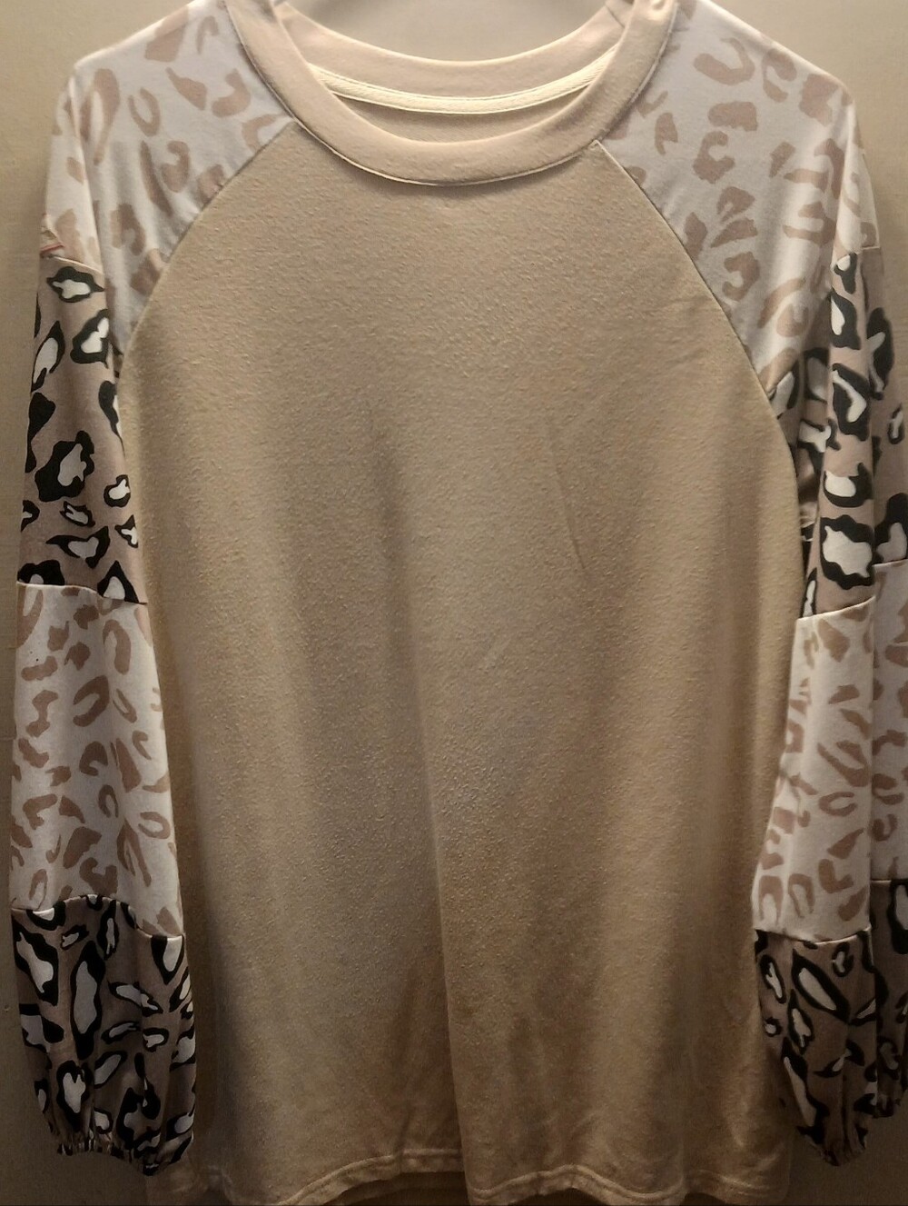 Beige Long-Sleeve Pullover Top with Leopard-Print Sleeves